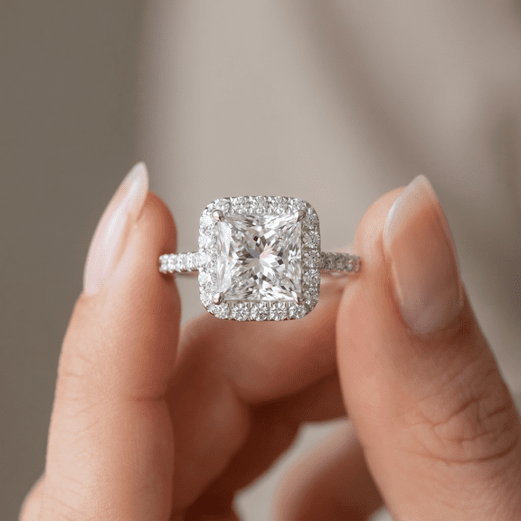 Pompeii Certified 3.80Ct Princess Cut Halo Diamond Engagement Ring 14k White Gold