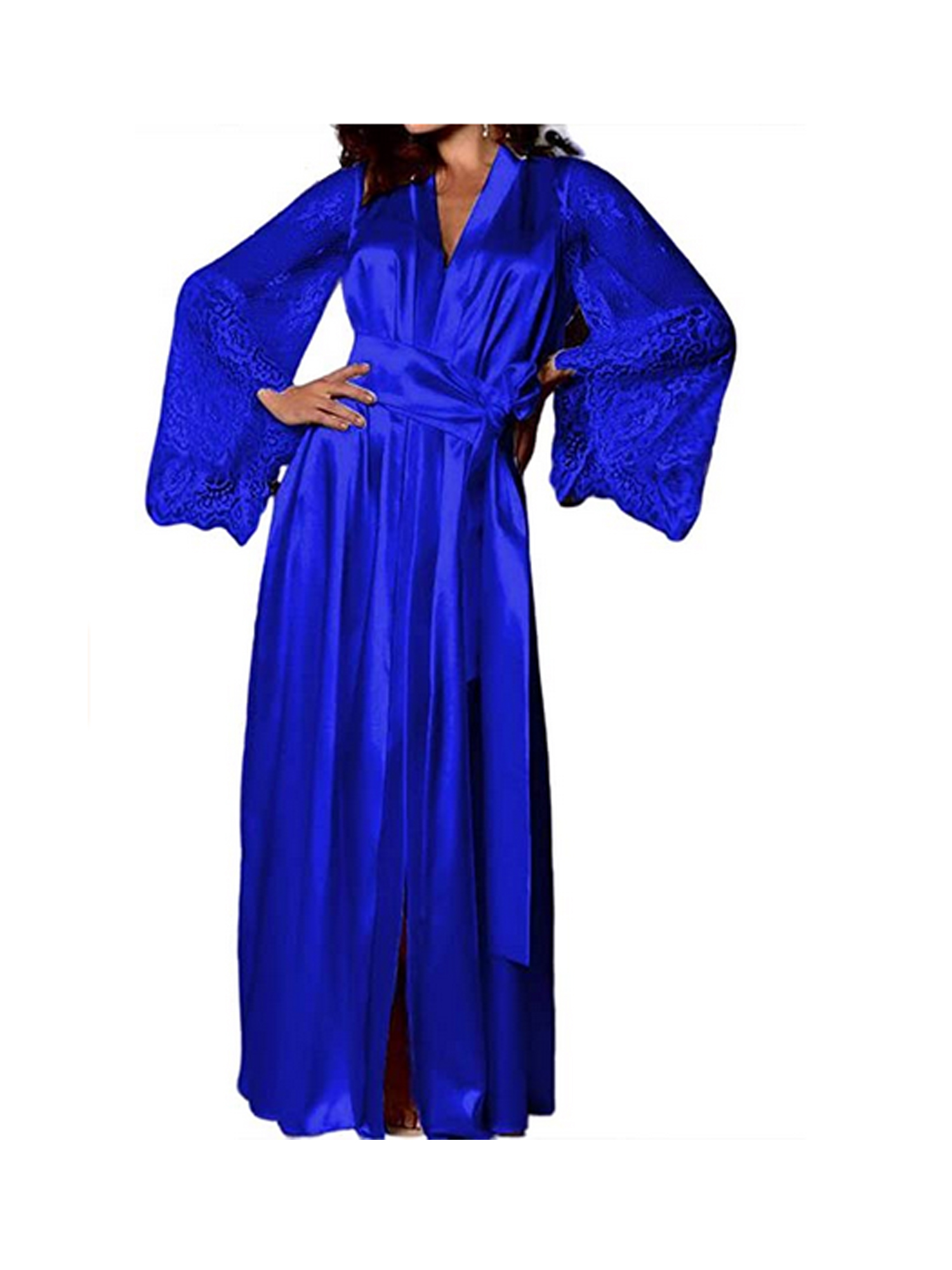 Womens Silk Satin Bathrobe Pajamas Sheer Lace Sleeve Deep V Robe