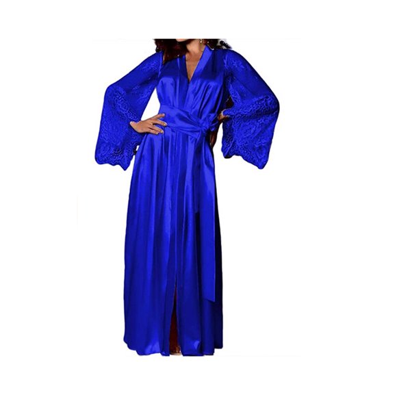 Jkerther Womens Silk Satin Bathrobe Pajamas Sheer Lace Sleeve Deep V Robe Lingerie Sleepwear Nightwear