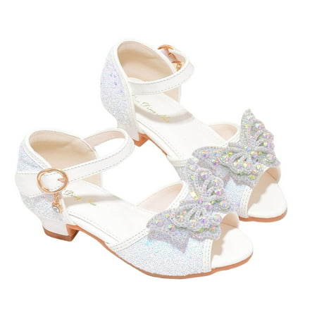 Gvdentm Toddler Girls Dress Shoes Open Front Bow Sequins Sandals for Girls Kids Princess Wedding Formal Ankle High Heel Shoes Kids Dress Shoes Girls (12.5 White)
