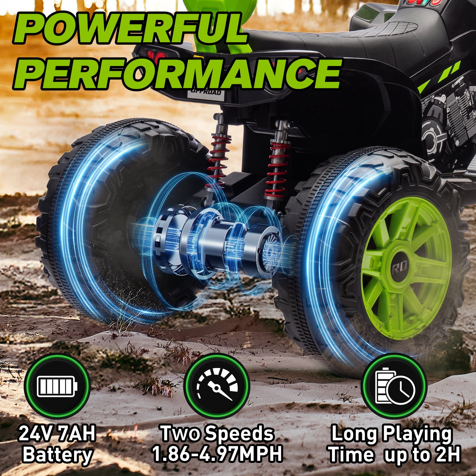 MUKIDY 24V Kids ATV 4-Wheeler, 24 Volt Ride on Toy for 3-8 Kid w/ 2x200W Motor, 5Mph Max Speed - Green