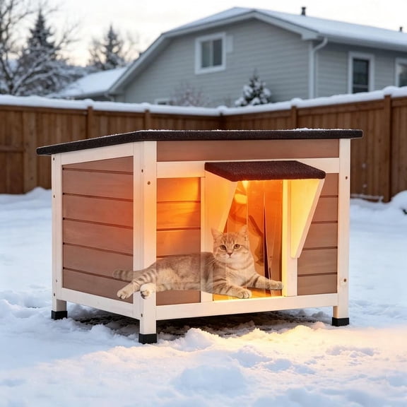 Aivituvin Insulated Outdoor Cat House 23.6 in, Weatherproof Wooden Feral Cat Shelter with Washable Thermal Liner and Elevated Base, Brown