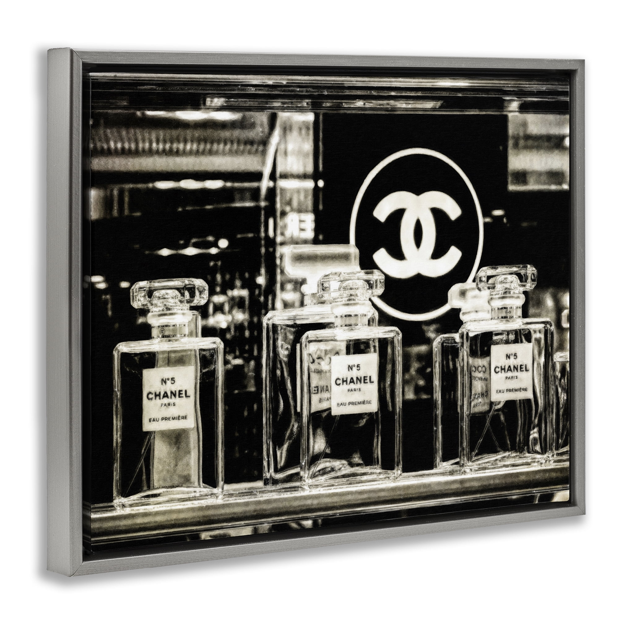 Stupell Industries Monochrome Perfumes Display Fashion Painting Gray Floater Framed Canvas Art Print Wall Art, 21 x 17