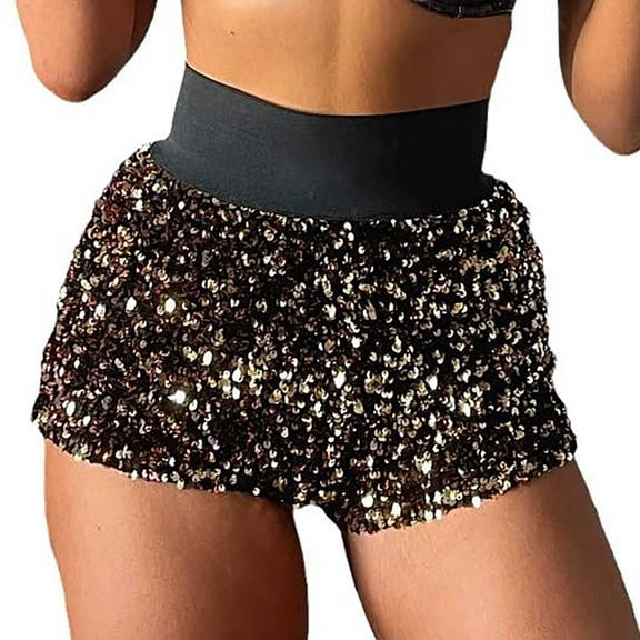 Wdgfv Women's High Waist Shiny Sequin Club Party Night Out Mini Stretch Knit Shorts with Pockets for Plus Size Black M