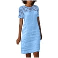 thumbnail image 1 of Vestido informal de encaje para mujer: cuello redondo, manga corta lisa, vestido de fiesta elástico y suave, 1 of 5