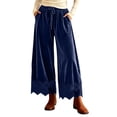 thumbnail image 2 of Karymi Jean Shorts Solid Velvet Wide Leg Long Pants, Elastic Drawstring High Waist Trousers, Hollow Lace Scalloped Hem Side Pockets Palazzo Pants Women's Shorts, 2 of 8