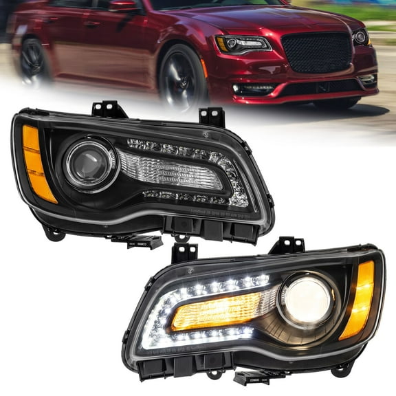 MOSTPLUS Pair Black LED & DRL Projector Headlights for 2011-2023 Chrysler 300 w/ Bulbs