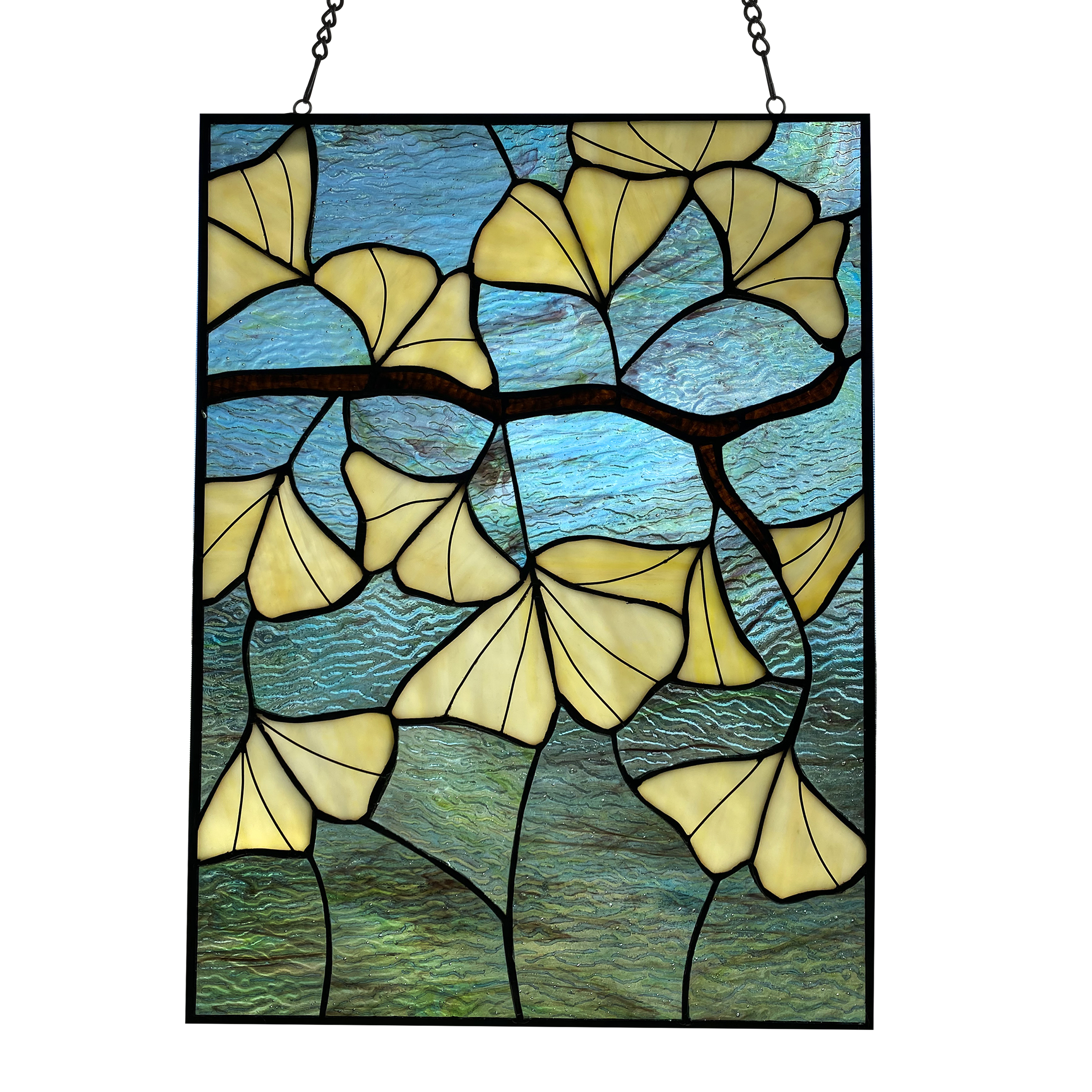 River of Goods 17.5 in. Ginkgo Leaf Stained Glass Window Panel in Ivory