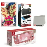 Nintendo Switch Lite Console Coral with Pokemon Shield, Accessory Starter Kit and Screen Cleaning Cloth Bundle - Import with US Plug