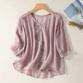 thumbnail image 2 of Solid Color Cotton Linen Blouse for Women V-Neck 3/4 Sleeves Vintage Tops Loose Embroidery Casual Shirts, 2 of 7