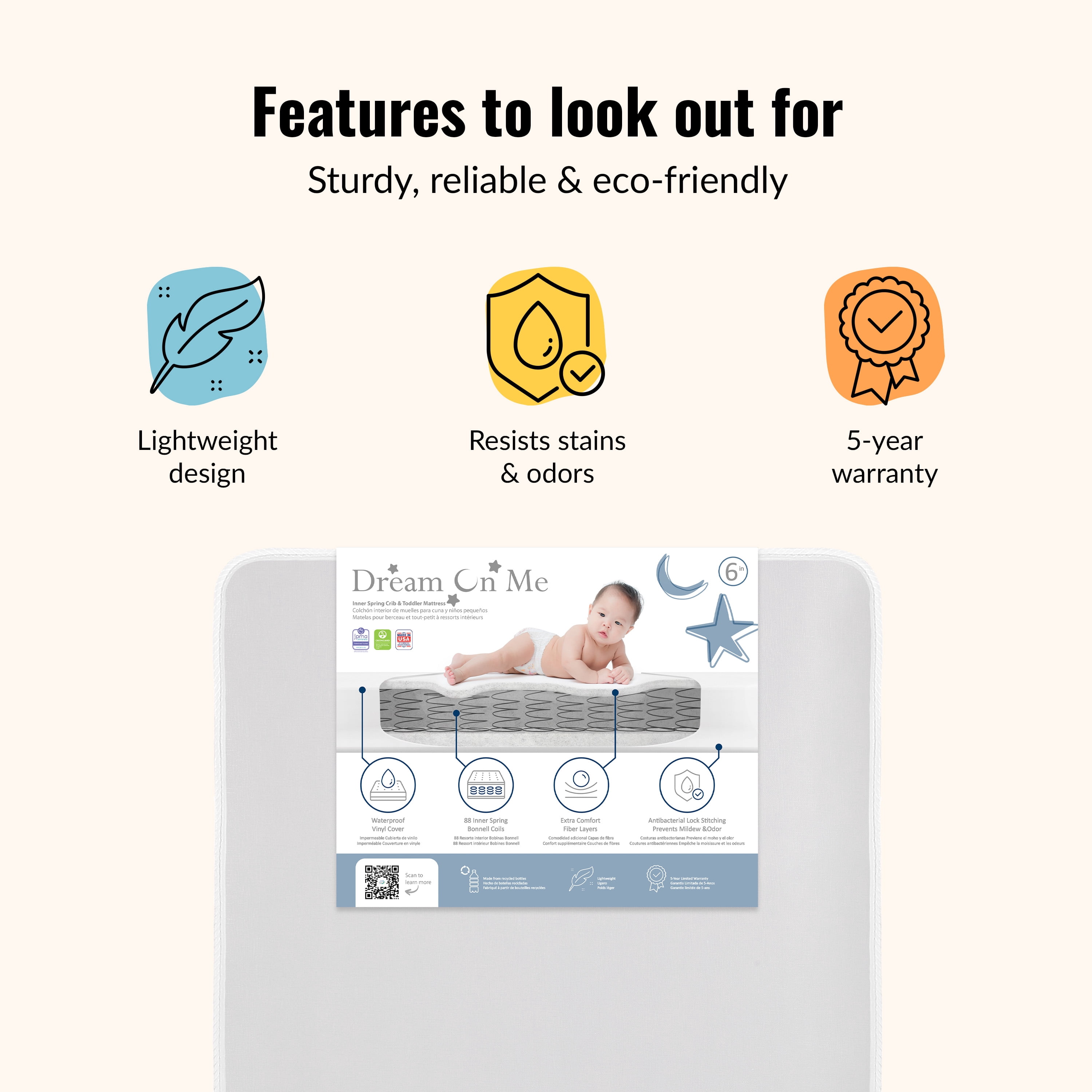 Dream On Me Superior Slumber 6” 112-Coil Inner Spring Crib & Toddler Mattress | Waterproof Vinyl Cover | Greenguard Gold Certified | 10-Year Manufacturer Warranty | Grey