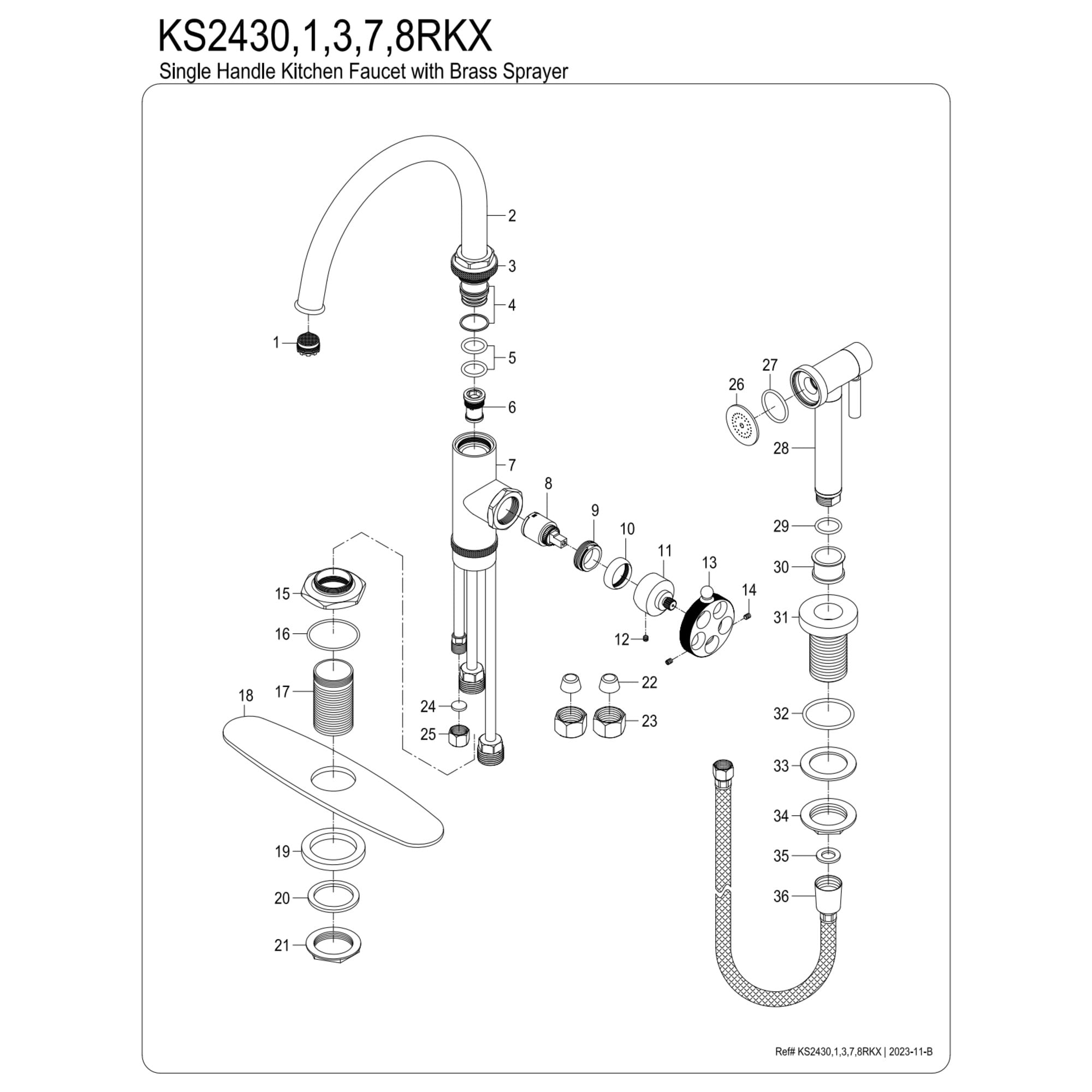 Kingston Brass KS2433RKX Webb Single-Handle Kitchen Faucet with Knurled Handle and Brass Side Sprayer, Antique Brass
