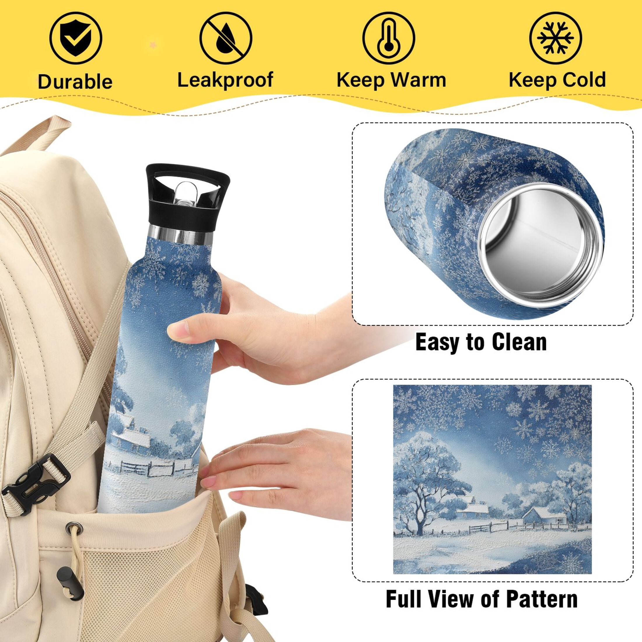 600ML Stainless Steel Insulated Cup Sports Water Bottle Portable Thermos Cup Water Glasses Insulated Tumblers Convenient and Durable Winter Scene