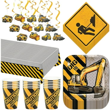Construction Party Essentials Set: Fun Dessert Plates, Napkins, Cups, Table Cover, and Cutouts for 16 Guests - Perfect for Kids' Birthday Celebrations and Themed Events!