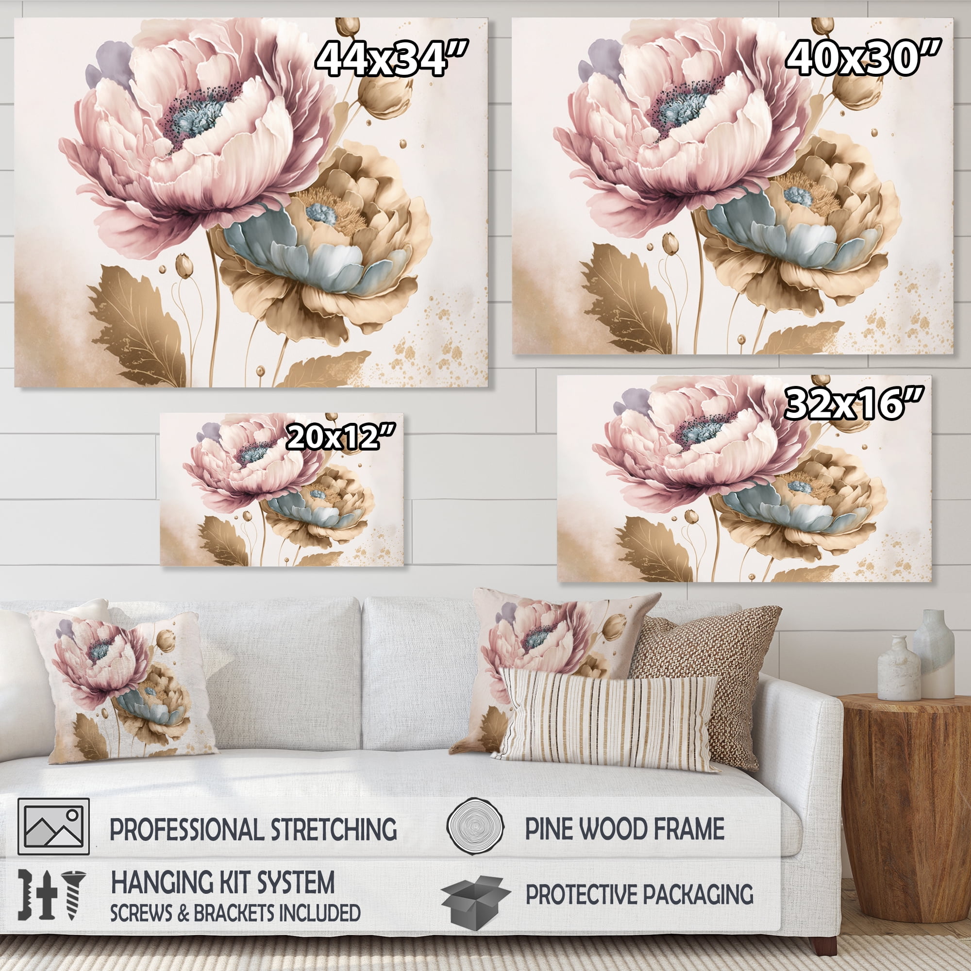 Designart Pink And Gold Poppy Flowers II Canvas Wall Art