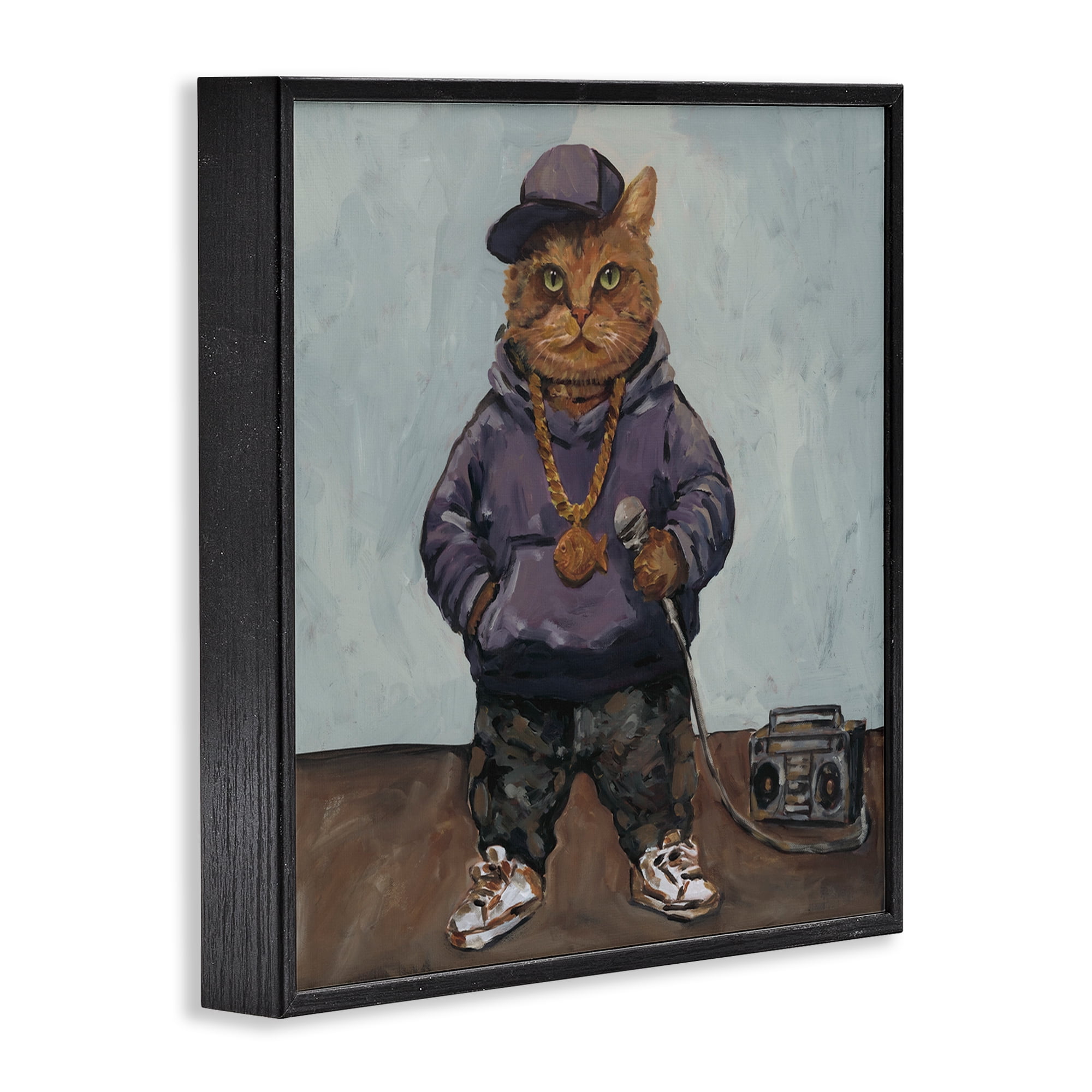 Stupell Industries Urban Hip-Hop Cat Black Framed Giclee Art, design by Studio Bautista