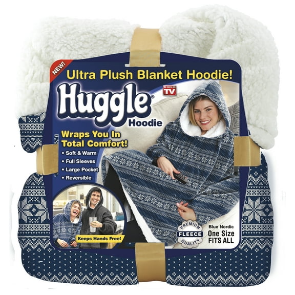Huggle Blanket Hoodie, Ultra Plush, Unisex Wearable Blanket, Blue Nordic, One Size