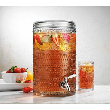 Glass Beverage Dispenser 2 Gallon Hobnail Drink Dispenser with leakproof Spigot and Glass Lid. Every day and party use.