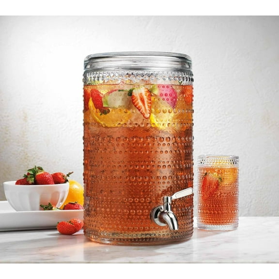 Glass Beverage Dispenser 2 Gallon Hobnail Drink Dispenser with leakproof Spigot and Glass Lid. Every day and party use.