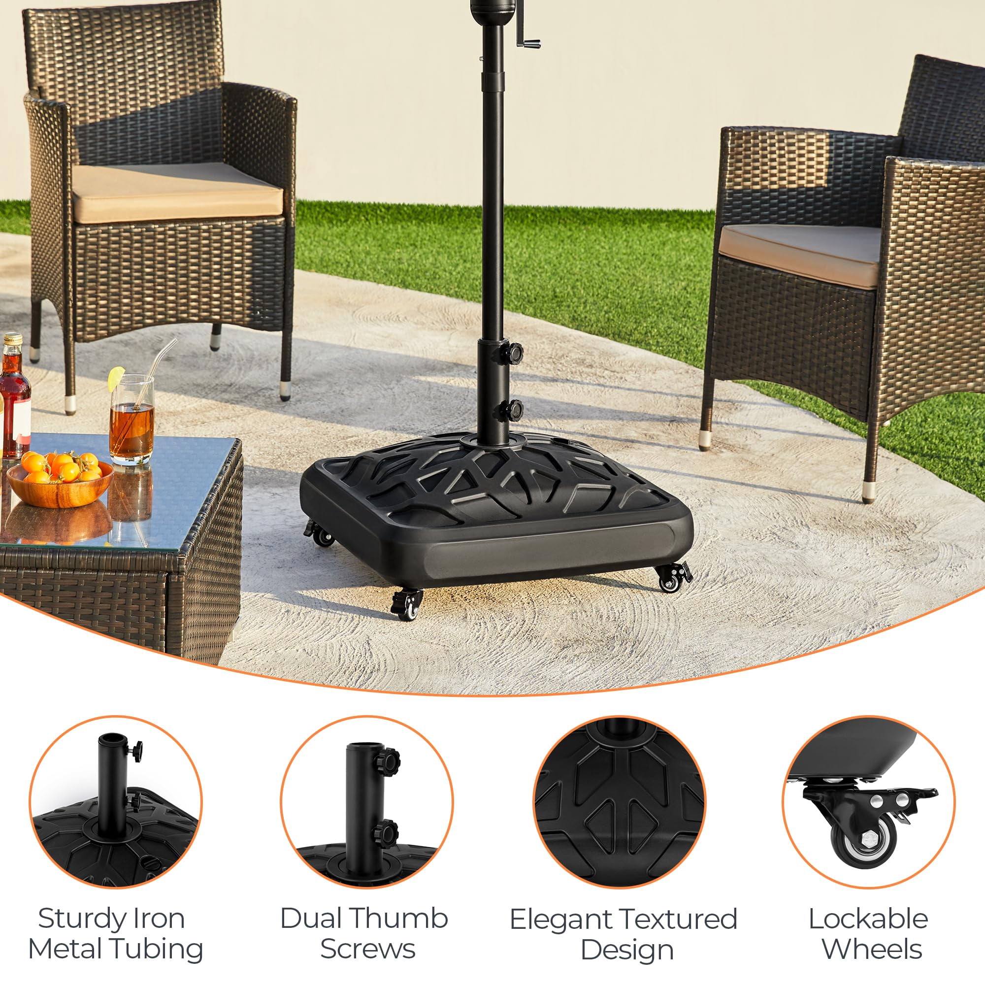 Fillable Mobile Patio Umbrella Base, 123lb Windproof Heavy Duty Market Stand with 4 Wheels and 4 Locks, for Deck Poolside Garden, Black