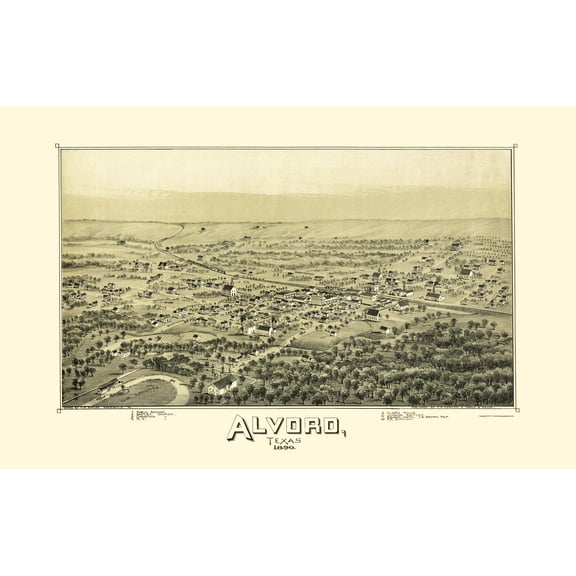 Historic Panoramic View - Alvord Texas - Fowler 1890 - Vintage Wall Art