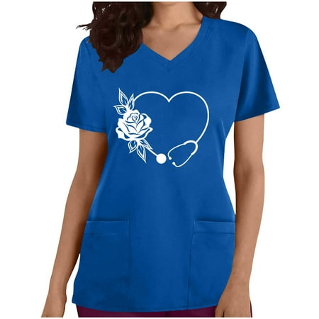 

fartey Womens Nurse Scrubs Casual Short Sleeve V Neck Uniform Top Tunic Casual Stethoscope Heart Graphic Pockets Gift Tees
