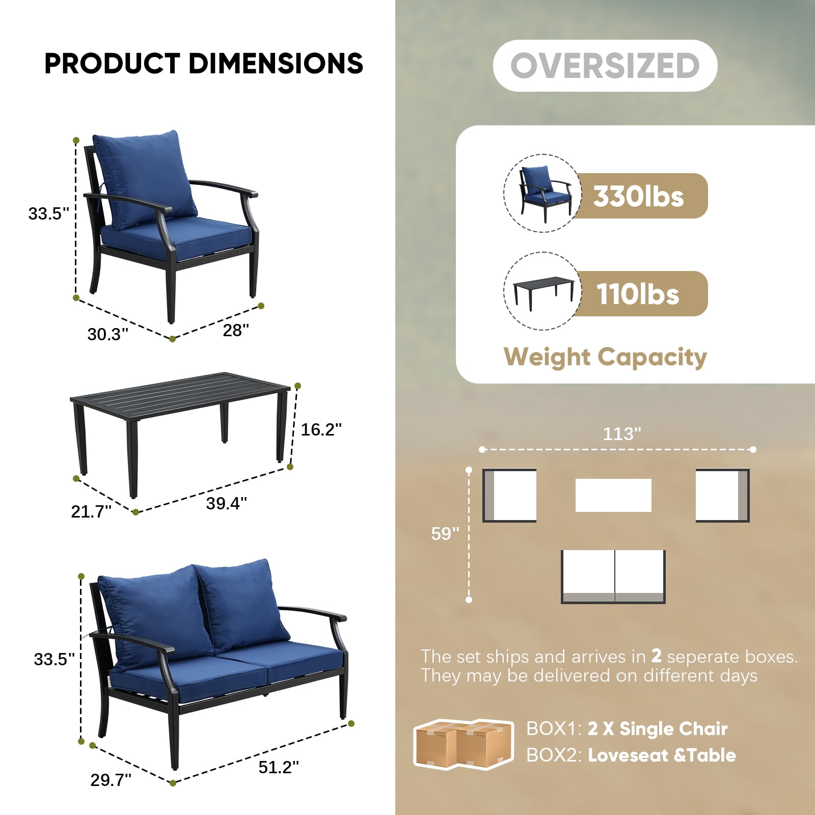 JOYURE 4 pieces Patio Furniture Set w/loveseat,Coffe Table,Outdoor Conversation Metal Sofa with High Back and Thick Cushion,for Backyard,Garden,Navy