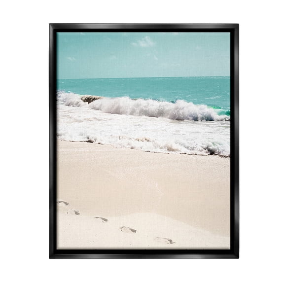 Stupell Industries Footprints on Beach Shore Landscape Photography Black Floater Framed Canvas Art Print Wall Art, 17 x 21