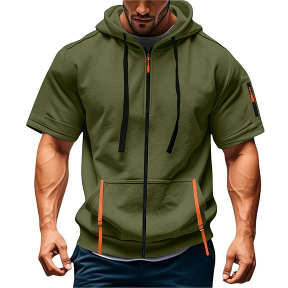 Men's Casual Short Sleeve Sweatshirt, Loose Breathable Solid Color Jacket with Multiple Pockets and Zipper for Sports and Summer Outings,Army Green,L