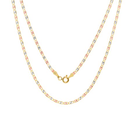 10K Tri-color Solid Yellow White Rose Gold 2mm Valentino Chain Necklace, 16"- 30"