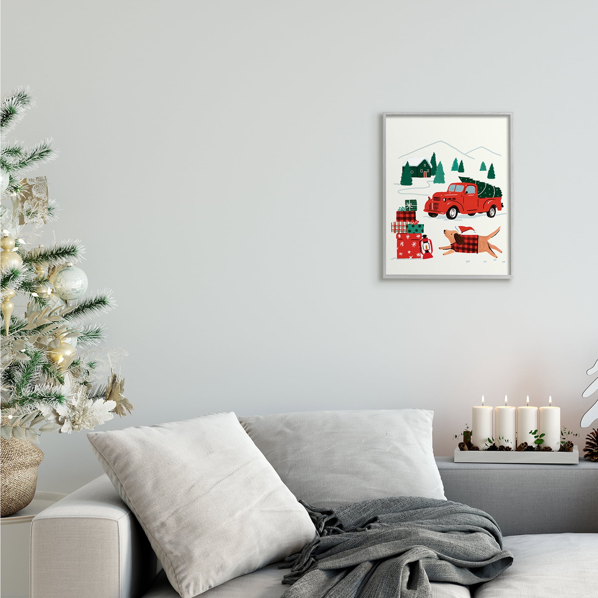 Stupell Industries Retro Christmas Cottage Landscape Festive Dog Hat Holiday Painting Gray Framed Art Print Wall Art, 11 x 14