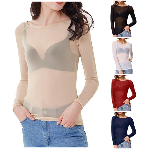 XIAONU Sheer Mesh Tees for Women Long Sleeve Crew Neck Layering Basic T Shirts