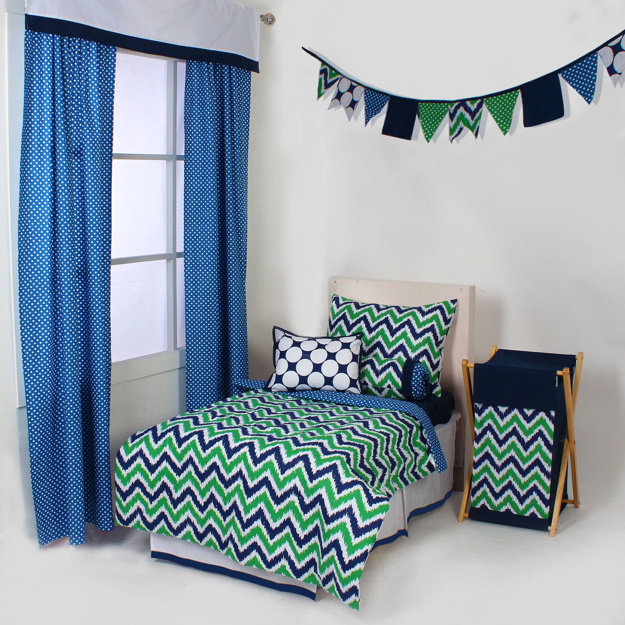 Bacati - MixNMatch Zigzag 3-Piece 100% Cotton Percale Toddler Sheet Set, Navy/Green