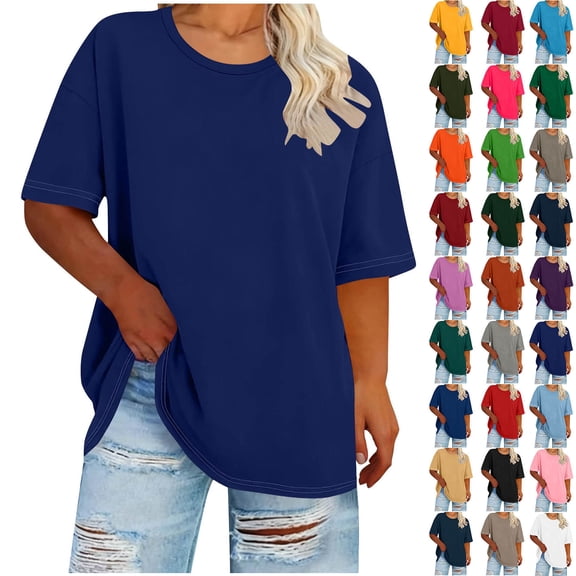 Sevevn Women's Casual Loose Fit T-Shirt Summer Short Sleeve Oversized Top Basic Round Neck Tee for Daily Wear Blue XL