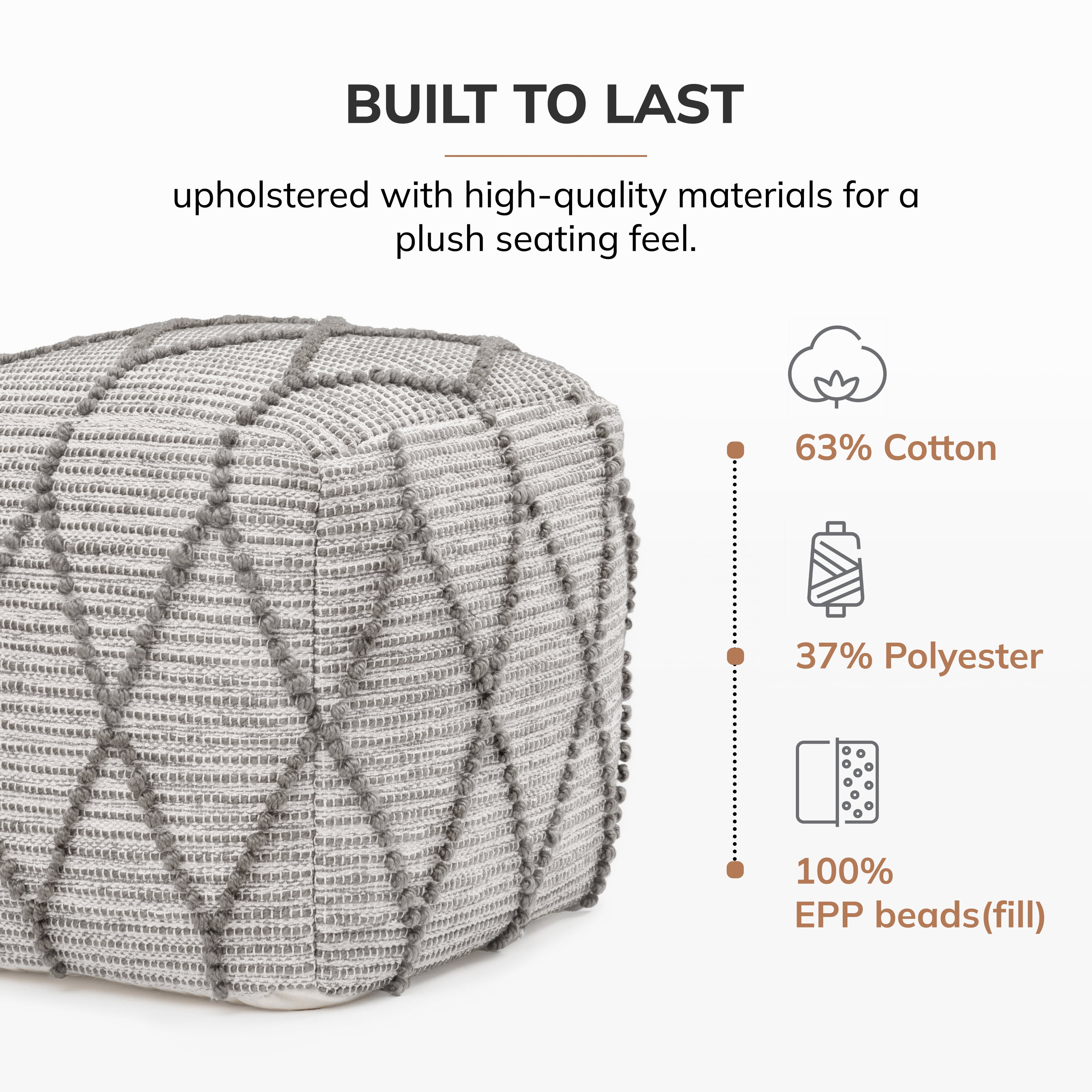 Anji Mountain Pouf Ottoman Foot Rest, Handmade Ottoman Pouf, Comfortable Foot Stool, Decorative Floor Seating for Living Room Decor, Bedroom & Home Décor Accent - Warm Gray