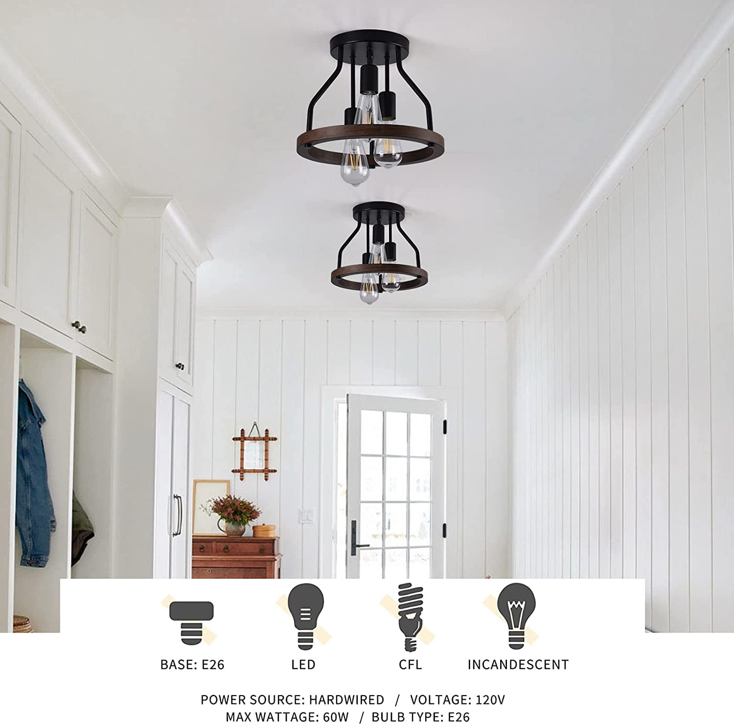 Ceiling Light Fixture, 3 Lights Rustic Dining Room Light Fixture Farmhouse Retro Ceiling Light Industrial Kitchen Fixture for Hallway Porch Corridor Bedroom