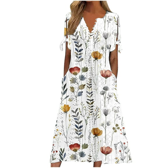 DecSea Women's Summer V-Neck Short Sleeve Dress Floral Print Ruffled Waist Button Front Boho Style
