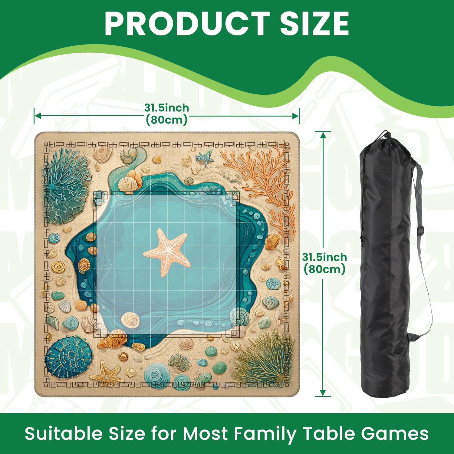 Mahjong Mat 31.5" x 31.5" Colorful Starfish Seashells Ocean Tide Pool Sandy Beach Border Non-Slip Noise Reduction American Mahjong Tiles Table Cover for Dominoes Poker Card Board Games Gift