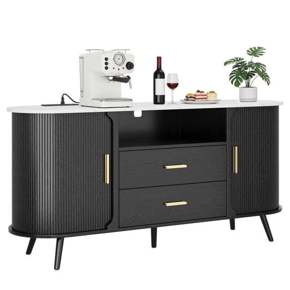 60in Modern Farmhouse Buffet Sideboard Cabinet, Barn Doors Storage Cabinet with Drawers and Shelves, Wood Coffee Bar with Storage for Dining Room, Kitchen, Living Room