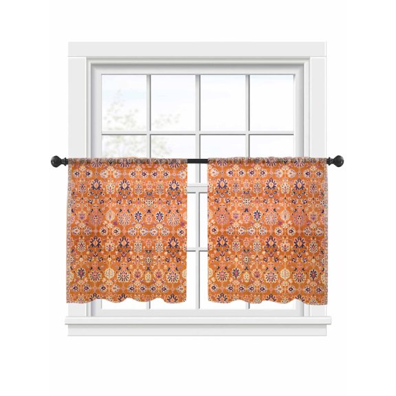 Sheer Curtains 54 inches Long 2 Panels Set Bohemia Ethnic Style Retro Pattern Orange Southwest Tiers Sheers Rod Pocket Small Window Short Curtains for Kitchen Cafe, Each 52" W x 54" L