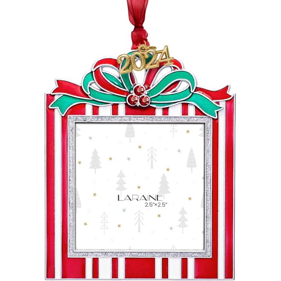 LARAINE Christmas Tree Ornaments – Decorative Hanging 2024 Holiday Keepsake Gift Square Pendant with 2.5” Photo Frame Insert for Picture of Pet (Square Red (2024))