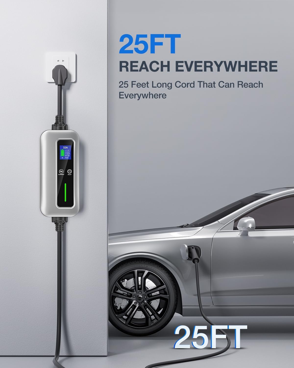 Nilight EV Charger Level 2, 32 Amp 240V, 25ft Cable SAE J1772 Portable Electric Car Charger with NEMA 14-50P Plug, Adjustable Current/Delay Timer