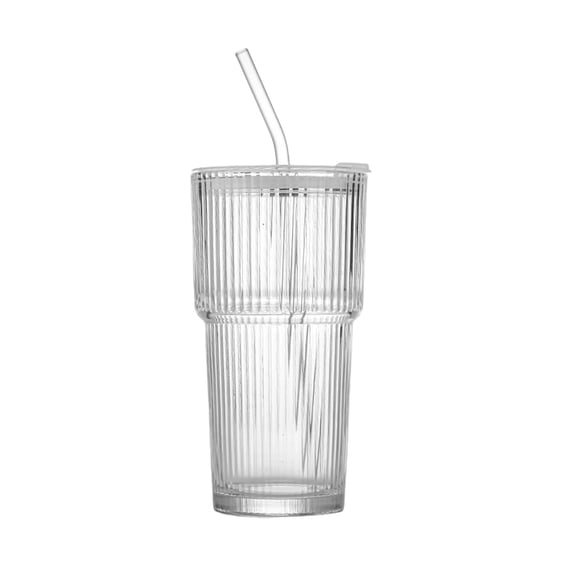 Orangide 20 oz Ribbed Glass Tumblers with Lids and Glass Straws – Vintage Iced Coffee Cups, Reusable Smoothie & Cocktail Drinking Glasses, Clear Glassware for Home or Cafe