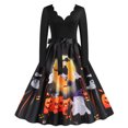 thumbnail image 1 of Disfraces de Halloween con estampado de calaveras para mujer, manga larga, años 50 y 60, vestido de fiesta de noche para ama de casa, disfraces de cosplay elegantes y aterradores, 1 of 5