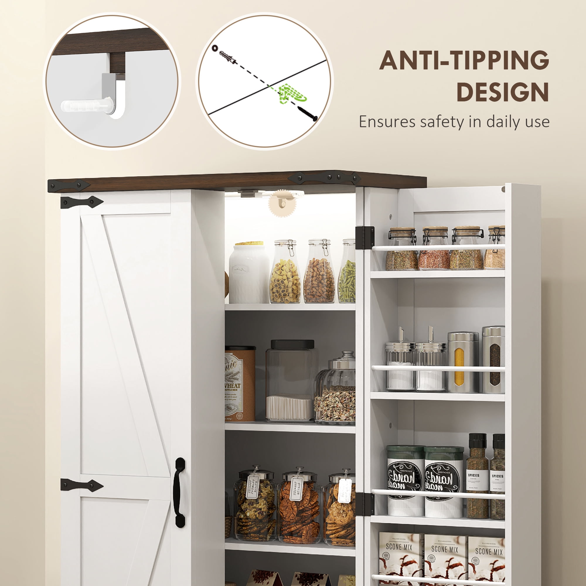 HOMCOM 47" Kitchen Pantry Cabinet with Sensing LED Light, Farmhouse Storage Cabinet with Doors, 2 Adjustable Shelves and 12 Door Shelves, White