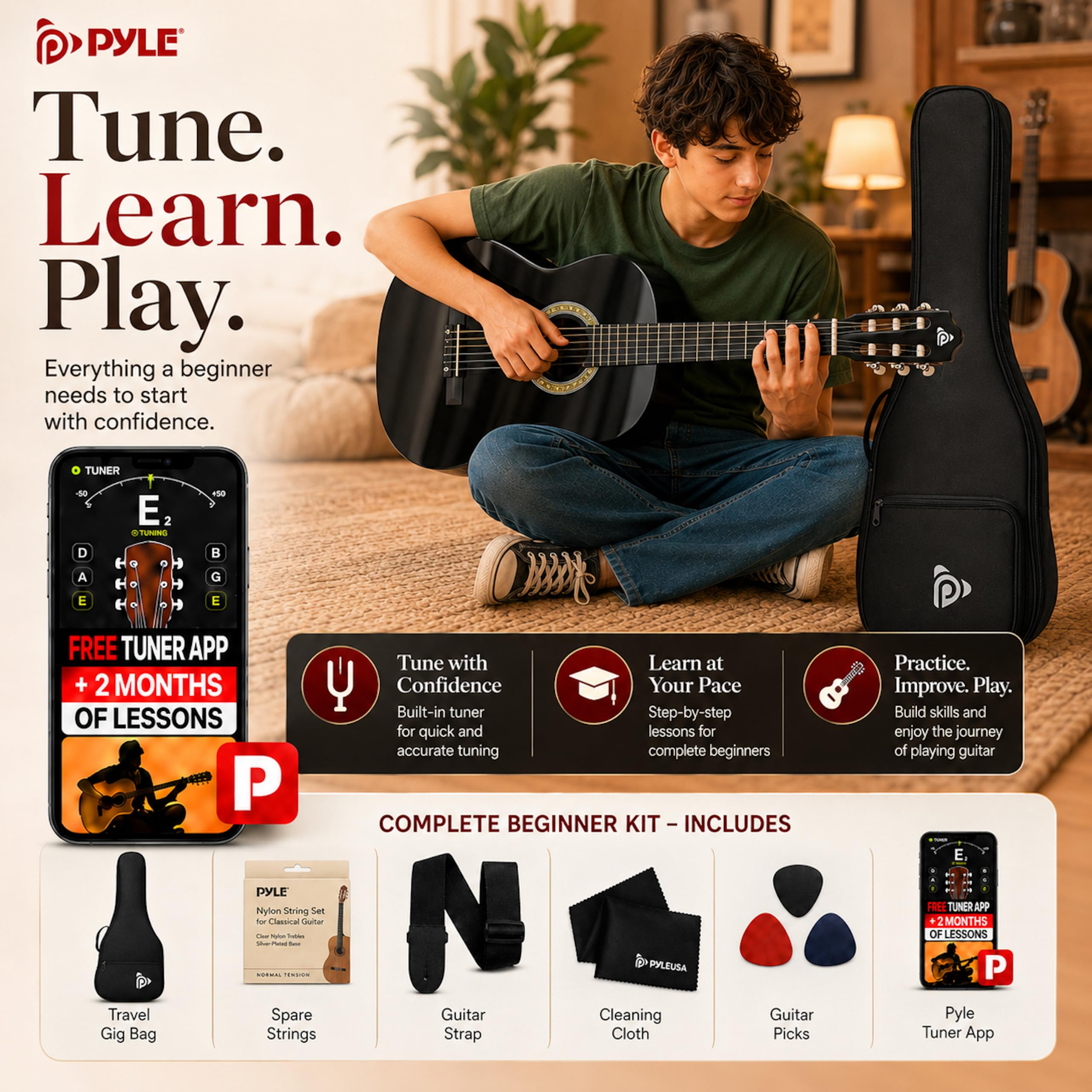 Pyle 30in Classical Acoustic Guitar Beginner Kit Black photo 6