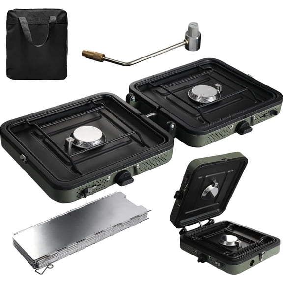 RedSwing 2-Burner Camping Stove with 12 Plates Windscreen, Portable Folding Gas Stove with 17000 BTU Adjustable Burners for Camping, Picnic, Backyard, BBQ, Tailgating, Suitable for Propane & Butane