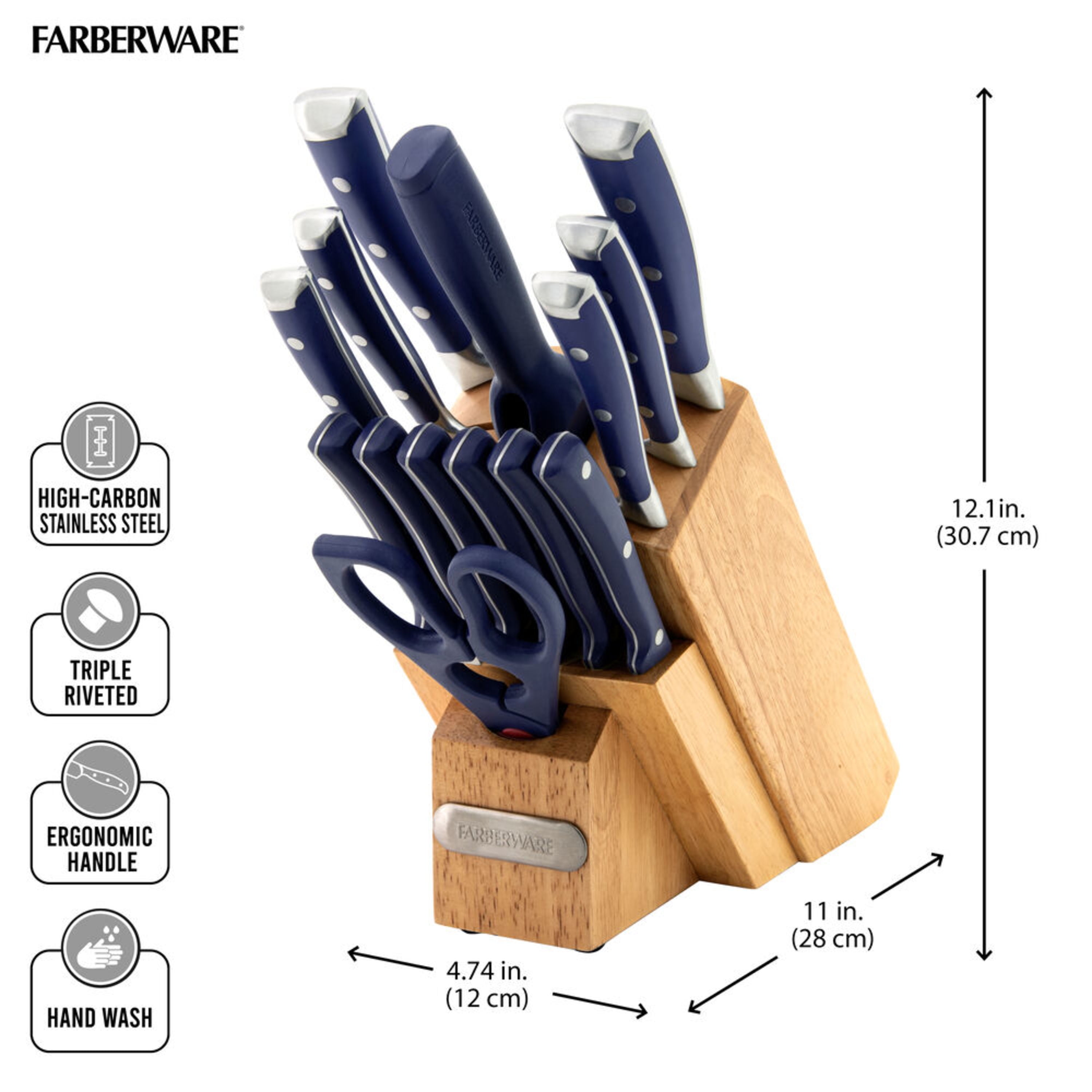 Farberware 15-Piece Forged Triple Rivet Knife Block Set, Razor Sharp  Kitchen Knives, Navy