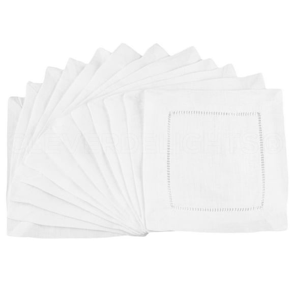 CleverDelights White Hemstitch 6" Cocktail Napkins - 12 Pack - 45/55 Cotton Linen Blend