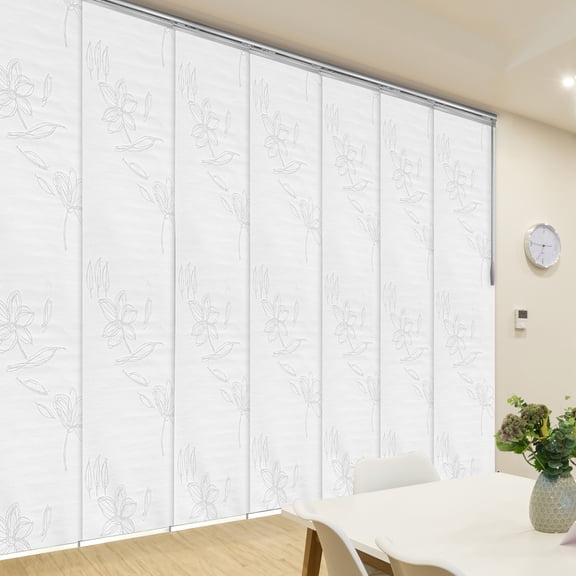 Domovina 7 Panel Track Vertical Blinds, Adjustable 110-153"W x 91.4"H - Bloom